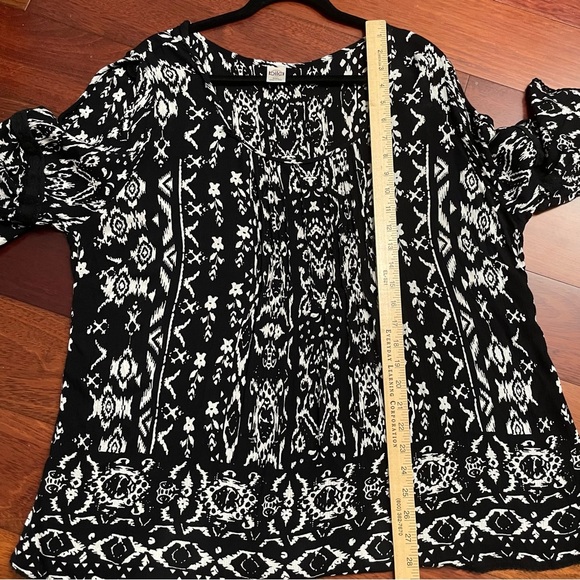 Bila Boho Print Top Blouse Black White Lace Trim Cold Shoulder Sz XXL B2 - Picture 10 of 11